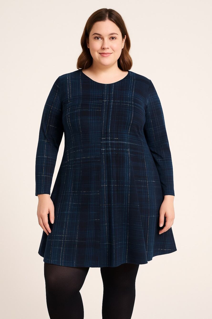 Simply Vera Vera Wang Dress XL Blue Plaid Long Sleeve A-Line Fit Flare Stretch